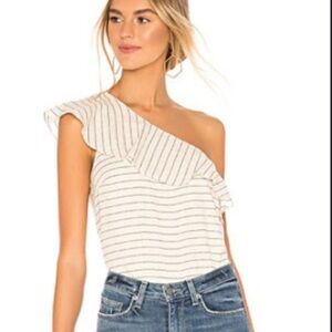 REVOLVE L'Academie Cream and Black Striped One-Shoulder Blouse The Cecile Top XS